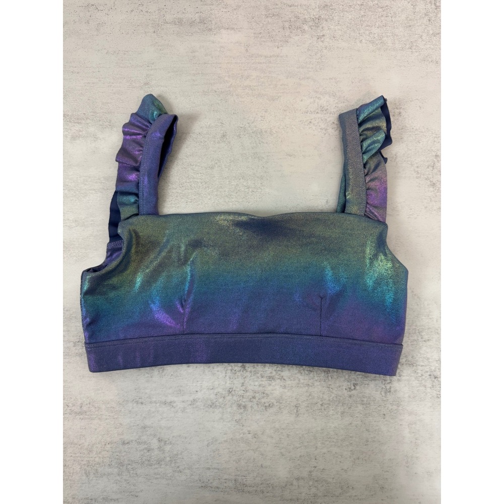 SHREDLY Shimmer Just Ruffle It Sports Bra Purple Green Iridescent Ruffle Strap